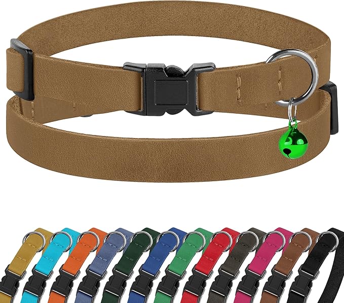 Breakaway Cat Collar Leather with Removable Bell - 13 Colors Available - Soft Adjustable Girl Boy Safety Lightweight Pet Kitten Collars Pink Brown Blue Green Red Orange Black (Brown)