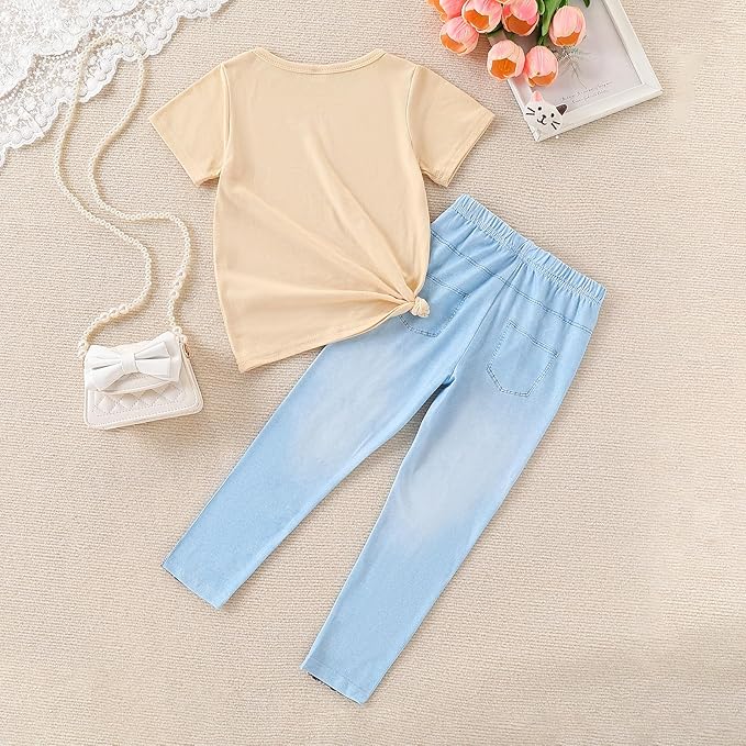 4-8T Toddler Girl Clothes Cat face print Short Sleeve Top+Pants Outfits Girl Spring and summer 2-Piece Set