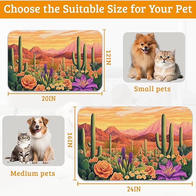 Pet Feeding Mat,Cactus Absorbent Dog Cat Food Mat Desert Dog Mat with Rubber Backing,Non-Slip Water Bowl Placemat,Pet Supplies 12" x 20"