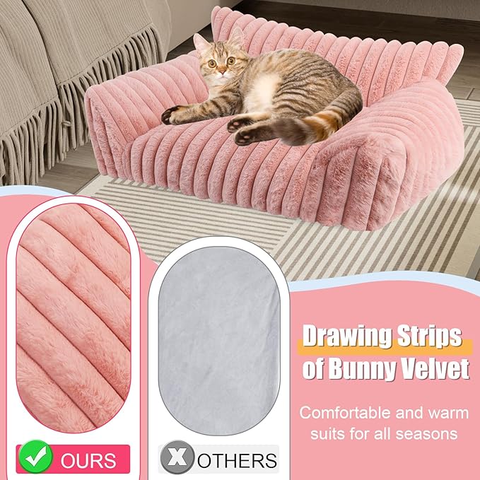 Cute Cat Couch Bed for Indoor Cats, Fluffy Pet Cat Sofa with Premium Soft Corduroy Fleece, Cute Small Dog Beds for Small Dogs, Fuzzy Puppy Chair with Removable Washable Cover (24x18x10,Pink)