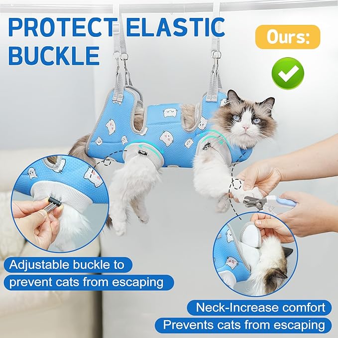 Supet Cat Grooming Hammock Harness for Nail Trimming, Cat Grooming Hanging Sling for Nail Clipping, Pet Restraint Holder for Cutting Nails, Medicine, Ear & Teeth Cleaning, Eye Care (BlueCat M)
