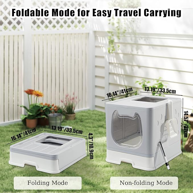 Vealind Covered Litter Box with Lid, Low Entry Kitten Small Litter Box Enclosure with Scooper and Brush, Anti-Splashing Top Entry Litter Box Grey