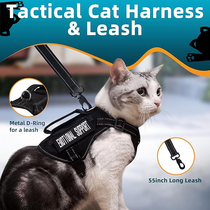 Tactical Cat Harness Black for Walking Esacpe Proof,Adjustable Soft Mesh Large Cat Vest with Rubber Handle Easy to Control,Molle Patches L