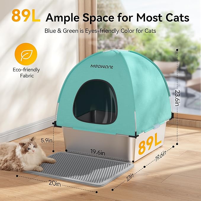 Meowant Stainless Steel Cat Litter Box with Lid, Extra Large Square 3-in-1 Enclosed Metal Litter Box with High-Sided Oxford Fabric Cover, Metal Scoop, Odorless, Non-Sticky,Leak-Resistant,Easy to Clean