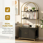 Homhedy Cat Litter Box Enclosure, Litter Box Furniture Hidden with 2-Tier Storage Shelves, Wooden Cat Washroom Furniture with Metal Frame, Modern Style, Black and Gold