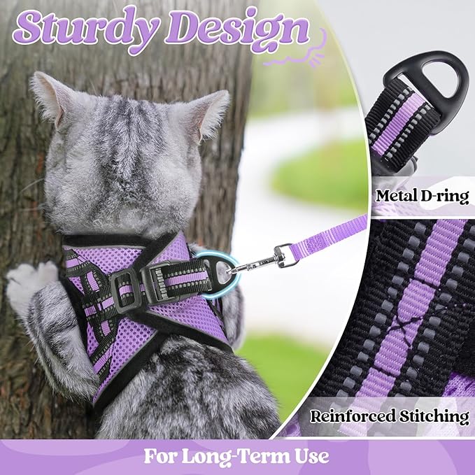 rabbitgoo Cat Harness and Leash Set for Walking Escape Proof, Adjustable Soft Kittens Vest with Reflective Strip for Cats, Comfortable Outdoor Vest, Light Purple, M