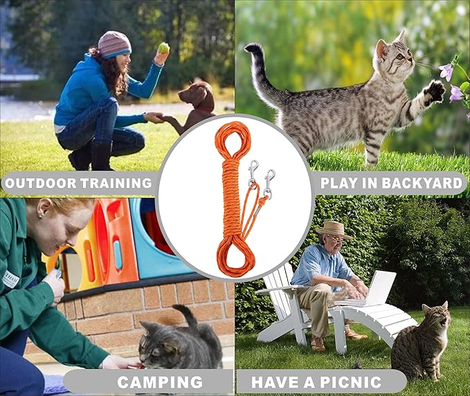 Reflective Cat Leash -30FT Cat Cable Out Escape Proof Walking Leads Yard Long Durable Safe Personalized Extender Leash Traning Play Outdoor for Puppies/Kittens/Rabbits/Small Animals