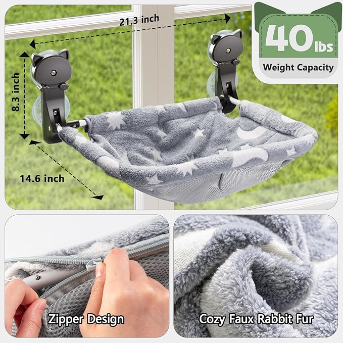 Cat Window Perch Cordless, Glow in The Dark & Stable Cat Beds- Breathable Window Hammock for Overlooking, Sunbathing and Climbing - Maximum Hold Up to 40lb(Grey)