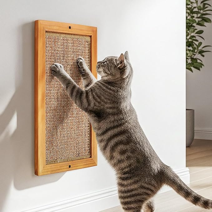 Large Cat Scratching Post for Indoor Cats - Wooden Sisal Cat Wall Scratcher, Vertical Floor or Wall Mounted Cat Scratch Pad, Furniture Protector for Adult Cats & Kittens