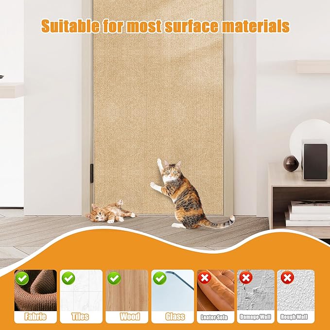 Cat Scratching mat Self-Adhesive, Trimmable Furniture Protector for Couch, Sofa, Wall & Cat Trees - Durable Scratch Pad with Nano Tape, DIY Climbing Carpet for Indoor Cats (Khaki, 23.6"x15.8")