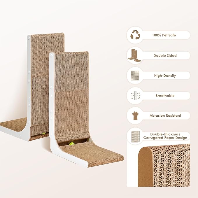 EHEYCIGA Cardboard Cat Scratcher for Indoor Cats, 32 Inch L Shaped Vertical Cat Scratching Board with Ball Cat Toy, Extra Large Cat Scratcher Pad, White