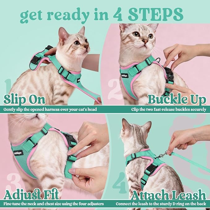 rabbitgoo Cat Harness and Leash for Walking, Escape Proof Soft Adjustable Vest Harnesses for Cats, Easy Control Breathable Reflective Strips Jacket, Green&Pink, M