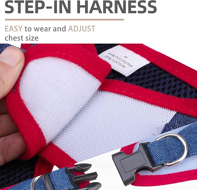 PUPTECK Dog Harness and Leash Set for Small Medium Dogs No Pull Step-in Soft Mesh Puppy Cat Vest Harnesses Reflective at Night, Denim NavyBlue M