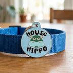 Bad Tags Personalized Dog and Cat ID Tags in 25+ Designs and 2 Sizes - 5 Lines of Custom Engraved Text - Funny Cute Personalized Pet Tags (House Hippo - Blue, Small (1 inch))