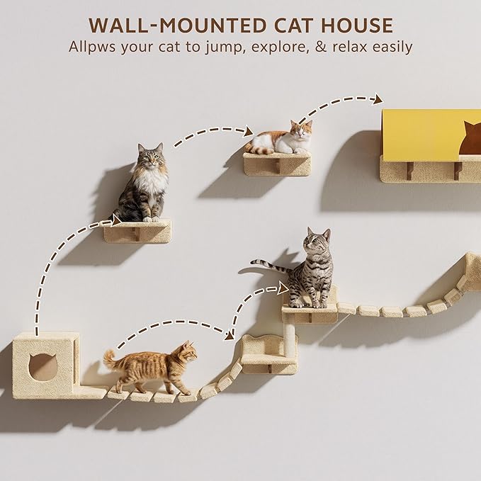 Cat Wall Shelves, Wall Mounted Pet Shelf Furniture w/Plush Fabric(20 Piece Set), 63''H Cat Tower w/Scratching Posts, Cats Furniture with 40''L Tunnel, Condos, House, Steps and Ladder, Beige