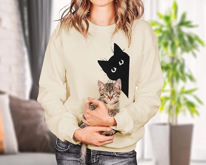FRYAID Cat Sweatshirt Women Funny Black Cat Graphic Sweater Casual Cat Crewneck Holiday Long Sleeve Hoodie Pullover Top