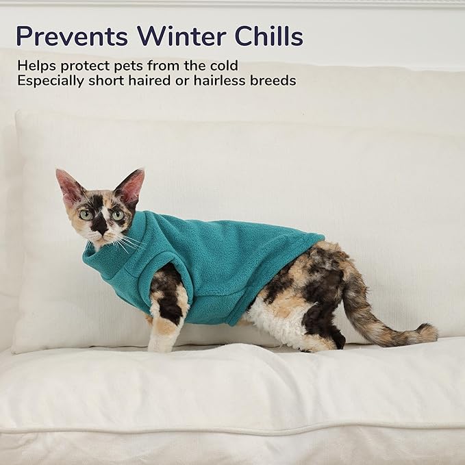 PUMYPOREITY Fleece Sphynx Cat Clothes, Warm Thick Cat Sweater, Soft Winter Coat for Hairless Cats, Cold Weather Pet Sweater for Dogs and Cats, Dark Blue, L