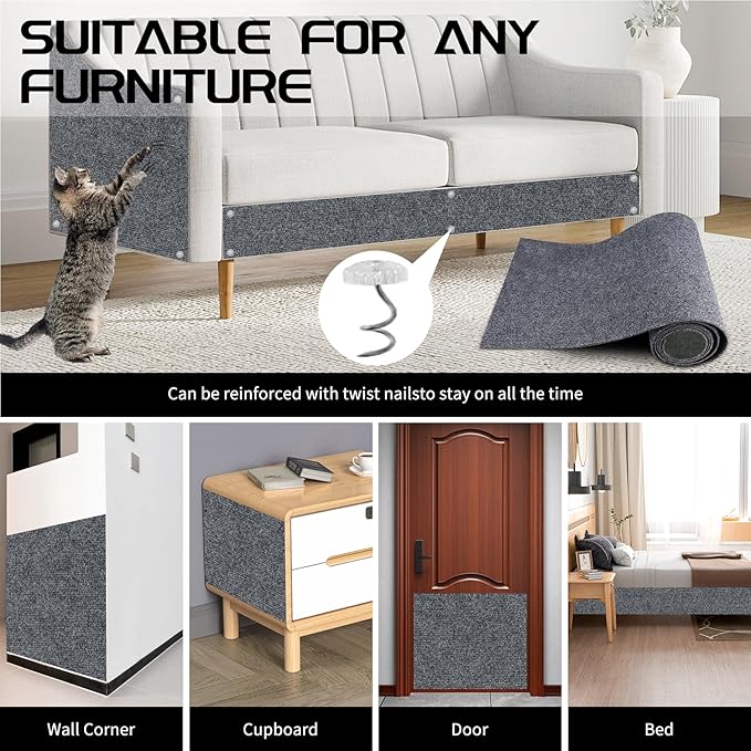 2 Pcs Total 78.8"x15.8" Cat Scratch Mat, Cat Scratch Couch Furniture Protector, Trimmable Self-Adhesive Cats Scratch Pads, DIY Cat Scratcher for Wall Protector and Covering Cat Tower (Dark Gray)
