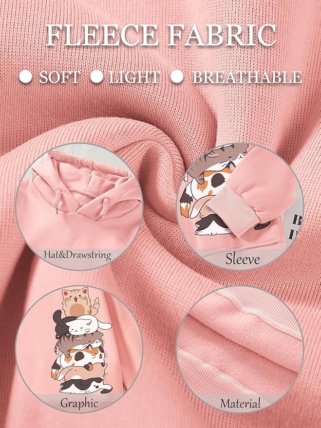 Tuislay Cute Cat Graphic Hoodies for Teen Girls Kawaii Cartoon Printed Hoodie Women Anime Print Hooded Sweatshirt Pullover