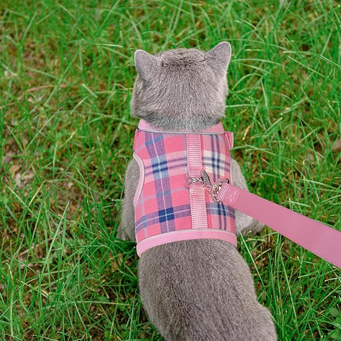 PUPTECK Soft Mesh Cat Vest Harness and Leash Set Puppy Padded Pet Harnesses Escape Proof for Cats Small Dogs Rabbits Bunny, Plaid Pink, XL