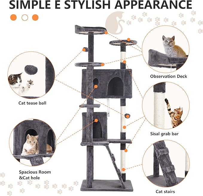 BestPet | 70" Cat Tree Tower | Light Gray | Sturdy, Easy to Assemble, Multi-Level Activity Center with Sisal Scratching Posts, Condos, Perches, Hanging Cat Toys, Observation Decks & Ladder
