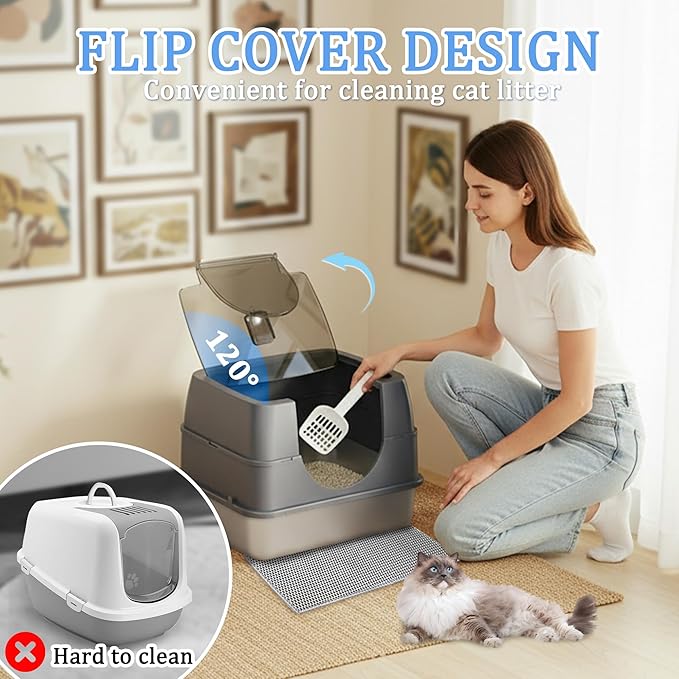 Enclosed Cat Litter Box with Flip-Top Lid, Stainless Steel Large Covered Litter Box, High Sided Metal Litter Pan with Litter Scoop & Mat, Odor Control, Leak Proof, Easy Cleaning, White