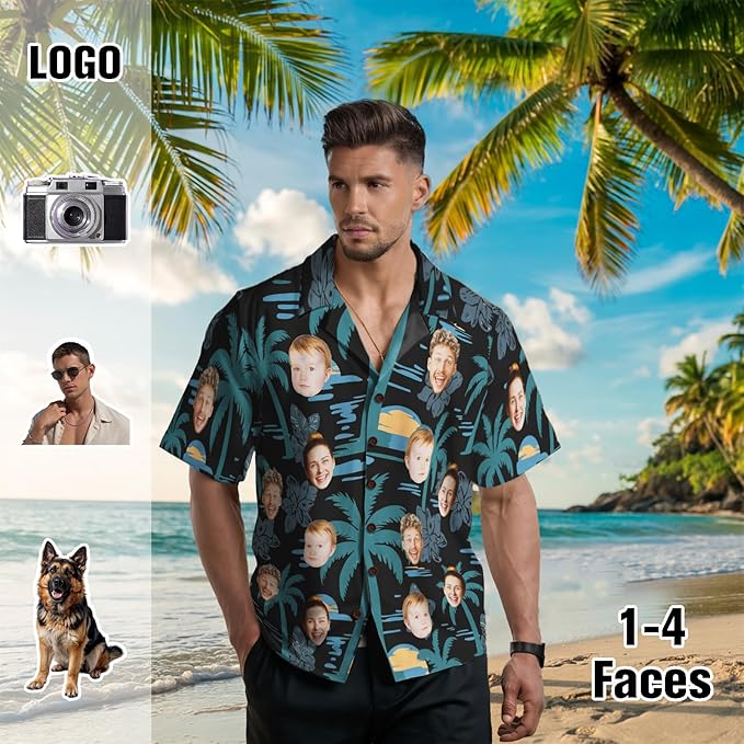 Custom Hawaiian Shirt with Face for Men, Unisex Tropical Beach Shirts Personalized Casual Funny Hawaii Button Down Shirts