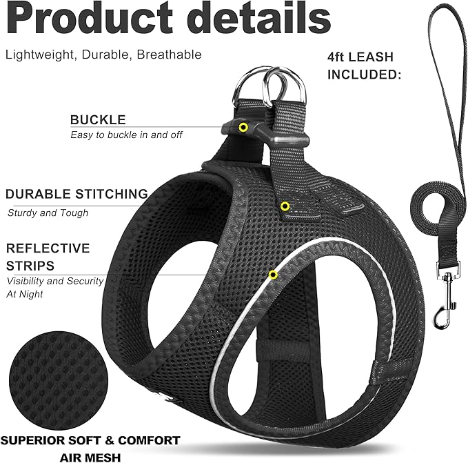 Fida Cat Harness and Leash Set for Walking Kitten and Puppy, Escape Proof Kitten Harness with Breathable Lightweight Soft Mesh, Adjustable Reflective Step-in Design for Kitten and Puppy.(XXXS, Black)