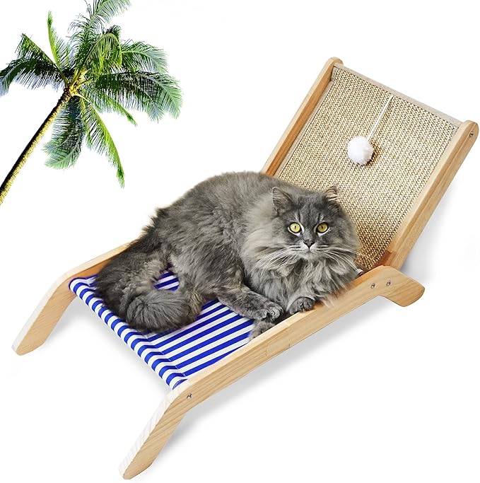 PETKARAY Beach Chair Cat Hammock, Elevated Cat Beds for Indoor Cats, Original Cozy Lounger with Sisal Scratcher and Toy Ball