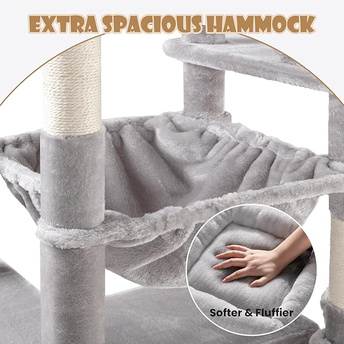 SHA CERLIN 81in Multi-Level Tall Cat Tree Tower for Indoor Kitties/Larger Cat Condo Furniture with Hammock/Cozy Pussycat Perches/Sisal Scratching Posts/Pet House/Wide Base/Grey