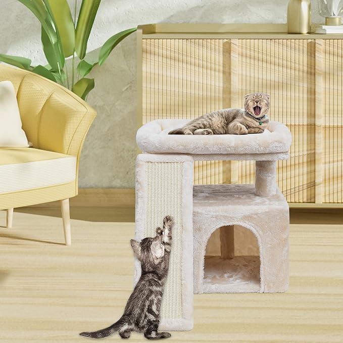 Small Cat Tree for Indoor Cats, Cat Tower with Scratching Post, Perch and Cozy Condo for Kittens and Adult Pets(Beige)
