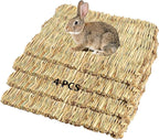 PINVNBY 4 Pack Woven Grass Mats for Rabbits,11.0"x8.3" Natural Bunny Hay Mat Large Guinea Pig Straw Handwoven Bedding Chewable & Cooling Mat - Eco-Friendly Cage Liner Nesting Toy