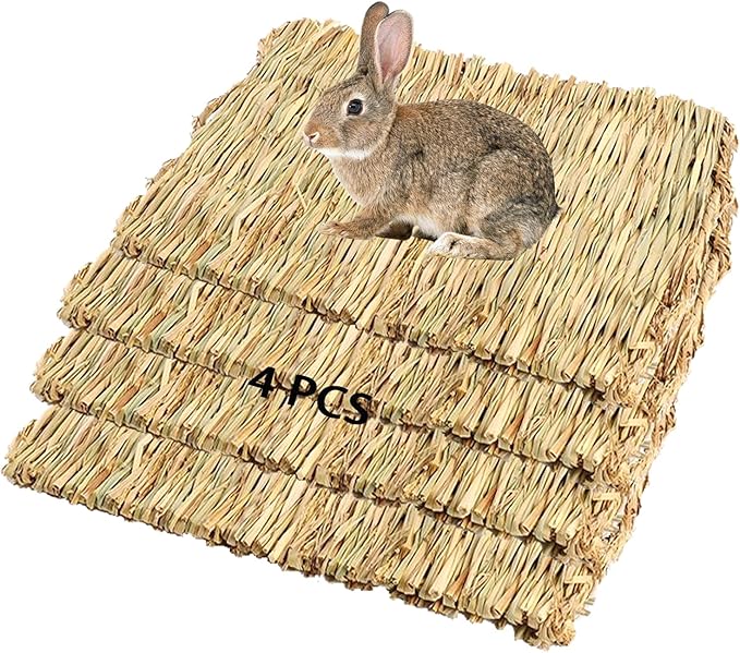 PINVNBY 4 Pack Woven Grass Mats for Rabbits,11.0"x8.3" Natural Bunny Hay Mat Large Guinea Pig Straw Handwoven Bedding Chewable & Cooling Mat - Eco-Friendly Cage Liner Nesting Toy