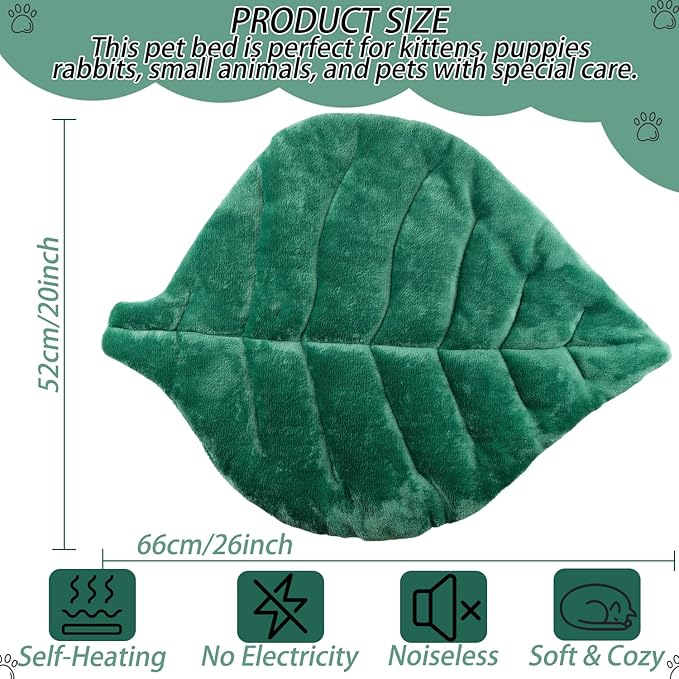 Leaf Shaped Self-Warming Cat Bed Mat – 26"x20" Flannel & Cotton Pet Pad, Warm Pet Cat Mat for Indoor, Soft Kitten Cushion & Puppy Mattress (Green)