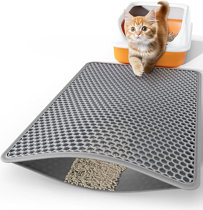Cat Litter Mat - 30" x 24" Large Litter Box Mat with Double Layers, Urine-Proof and Non-Slip Litter Trapping Mat, Easy to Clean Kitty Litter Mats for Floor, Scatter Control, Grey