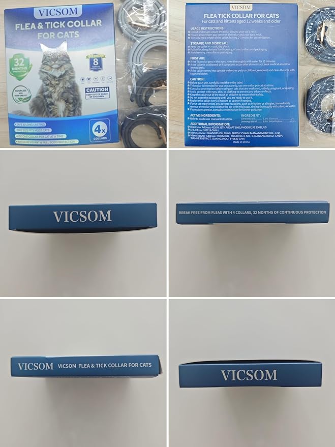VICSOM 4 Pack Flea and Tick Collar for Cats, 32 Months Treatment Prevention, Waterproof Adjustable Kitten Collar, Black Grey