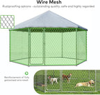 9.1x9.1 FT Outdoor Dog Kennel Heavy Duty Dog Enclosure with Waterproof Cover and Security Lock, Galvanized Wire Mesh Hexagonal Large Dog Kennel(109.4x109.4x95.3IN)
