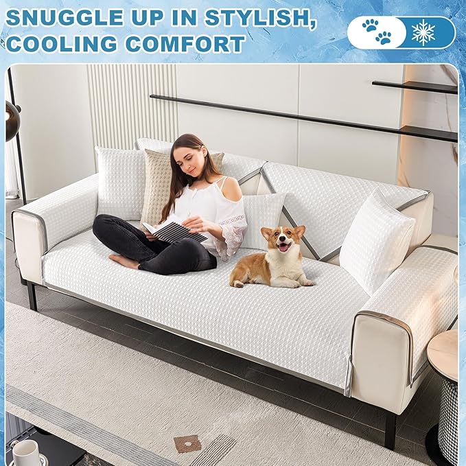 OTOB Cooling Dog Couch Cover Ice Silk Fiber, Washable & Non Slip Sofa Protector, Soft Pet Bed Mat, Durable Pet Friendly Sofa Covers(Cream, 28"*70")