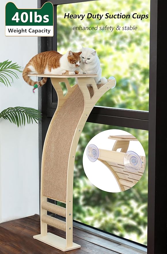 Cat Window Perch with Scratcher Ramp, 48" Climbing Tree Suctions Cups to Window Maximum Hold Up to 45lb, Wood Kitty Bed for Small Window (Drilling-Free)