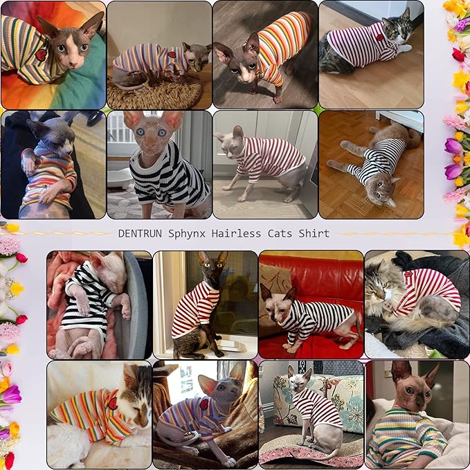 DENTRUN Hairless Cats Shirt Breathable Cat Daily Wear Clothes Stripe Vest Adorable Pajamas Jumpsuit Soft & Skin-Friendly