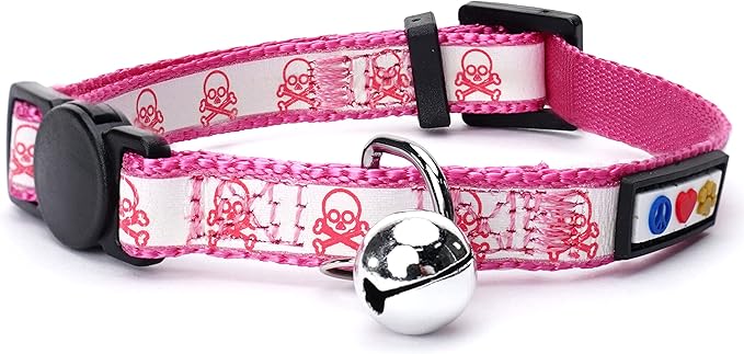 Pawtitas Halloween Cat Collars for Cats Adjustable Collar Glow in The Dark Feature and Safety Breakaway Buckle and Removable Bell to Match Your Halloween Cat's Costume - Pink Skulls Pattern