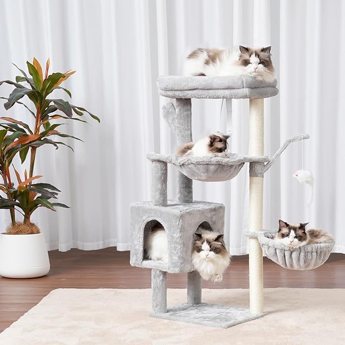 Heybly Cat Tree, 39.4 Inches Tower Condo with Scratching Post, Cat Tower for Indoor Cats, Fully Wrapped Sisal Pole, Soft Platform, 2 Baskets and Dangling Toy, Light Gray HCT006SW