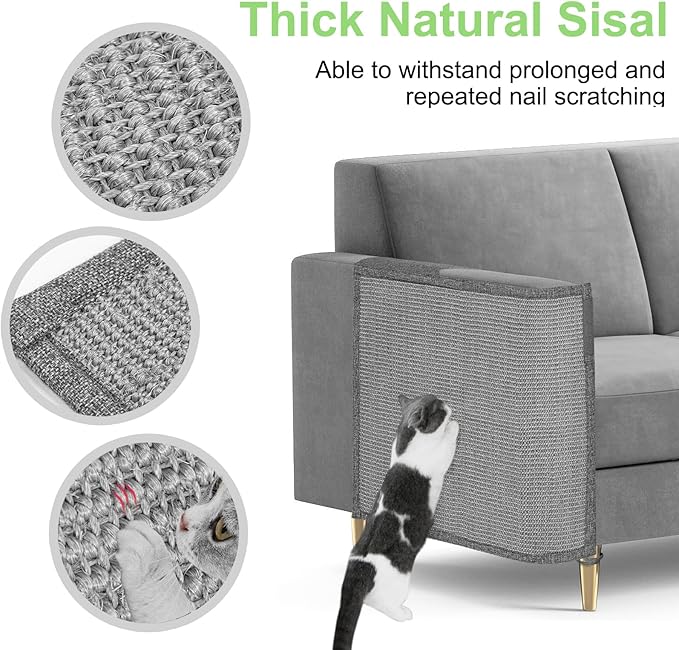 Cat Scratch Couch Protector,23.6" L*19.6" W Scratching Furniture Protector Pad,Cat Scratch Sofa Arm Sheild with Grey Natural Sisal for Protecting Couch Sofa Chair Furniture (Grey/Right Hand)