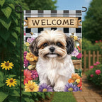 Spring Summer Garden Flag Shih Tzu Dog Flag 12x18 Inch Double-Sided Cute Puppy Yard Banner Buffalo Plaid Floral Outdoor Decor for Porch Lawn Pathway Dog Lover Housewarming