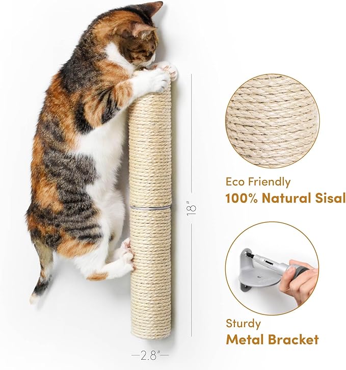 18" Compact Wall Mounted Cat Scratcher, Sisal Scratching Post