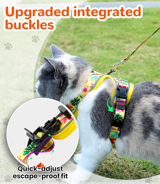Halypet Cat Harness and Leash Set for Walking, Escape Proof Adjustable Vest Harness with 3-in-1 Integrated Buckles, Easy Control Soft Breathable Mesh with Reflective Strips for Cats, M, Bright Yellow