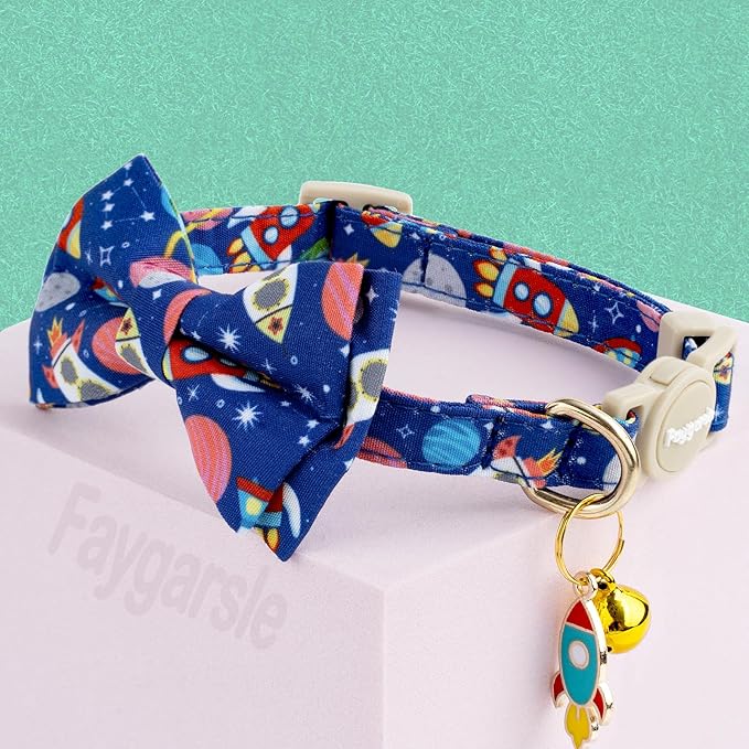 Faygarsle 2 Pack Space Theme Cat Collar Set with Bandana and Bow Tie, Breakaway Safety Buckle, Navy Blue with Rockets