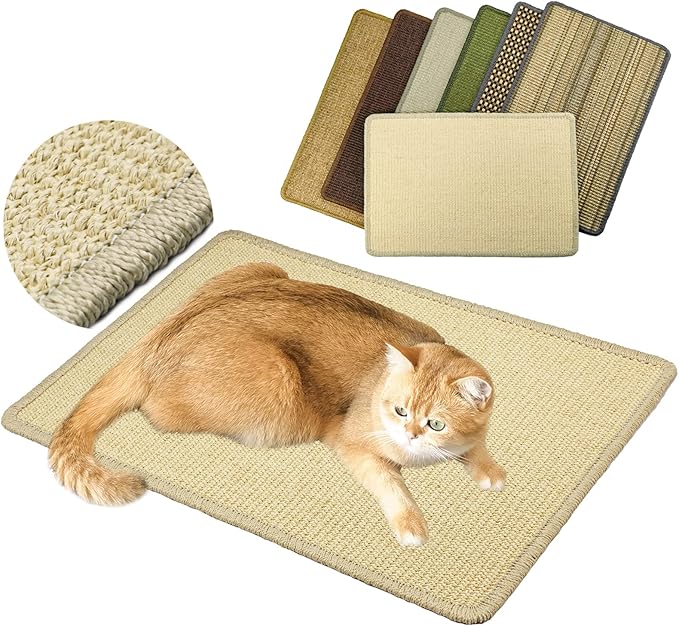 Cat Scratcher Mat, 23.6x15.7' Natural Sisal Scratching Pad with Velcro Tape, Stick on Floor and Wall Cat Scratch Mat Protects Carpet and Sofa