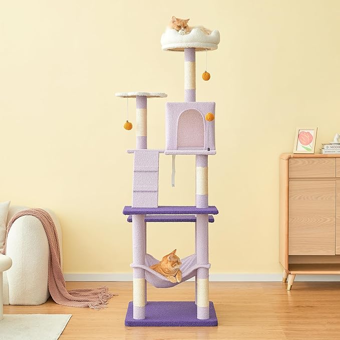 MWPO Flower Large Cat Tree, 70.1-Inch Multi-Level Tall Cat Tower for Indoor Cats, Plush Cat Condo with Big Padded Perches, Sisal-Covered Scratching Posts, Hammock, Toys for Kittens & Cats