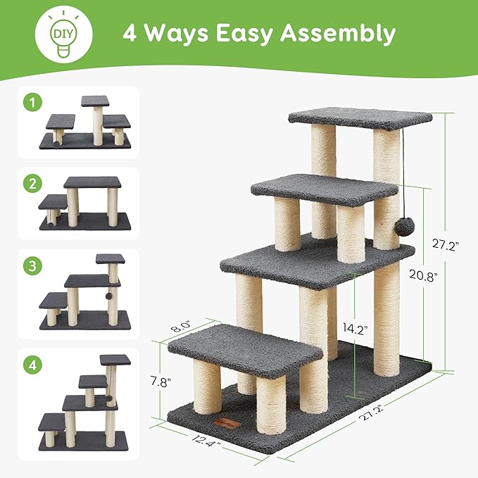 Pawque Dog Stairs & Cat Scratching Post Pet Steps for High Bed Couch, High-Strength Boards Hold up to 150 lbs for Indoor Small Cats Kittens Dogs Climbing Playing, 4 Combination Options, 4 Steps-Grey
